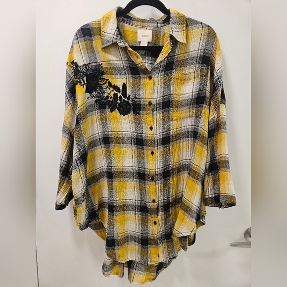 Anthropologie Maeve Embroidered Plaid Buttondown Oversized Tunic Shirt Size XS/S - Picture 5 of 13